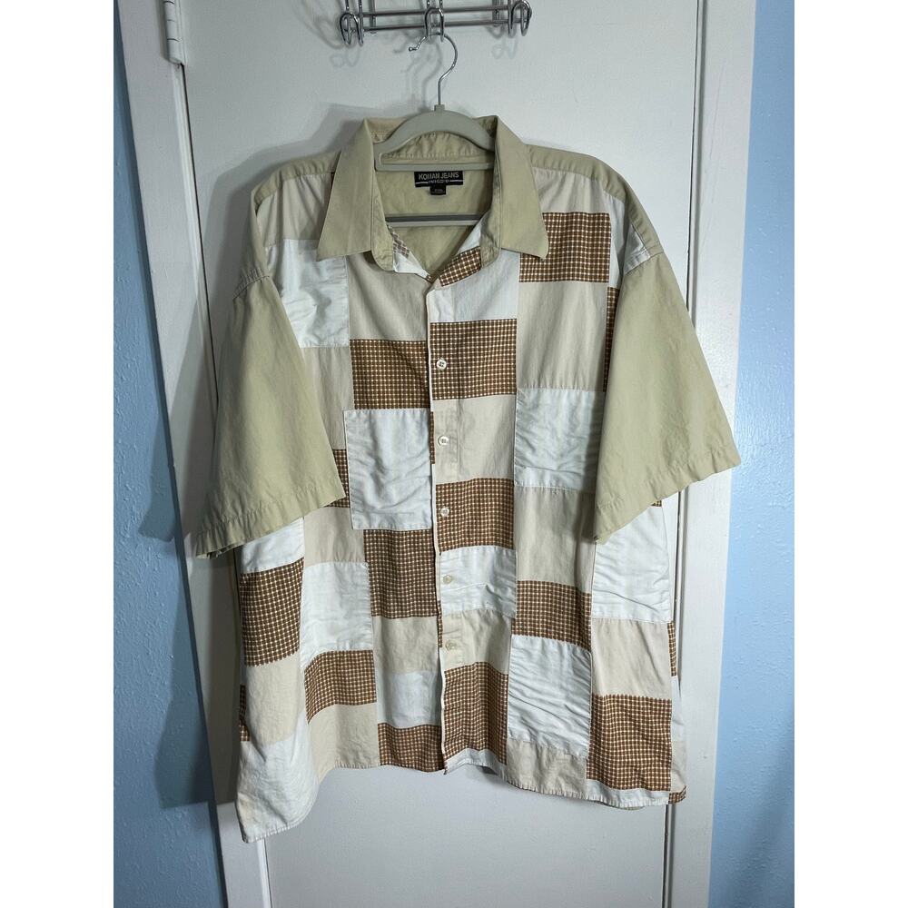 Vintage Koman Jeans Camp Shirt 2XL Tan Patchwork Grandpacore Fat Albert Retro